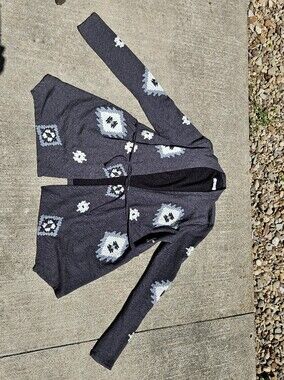 Lucky Bliss Open Front Dark Gray Aztec Pattern Women's Cardigan Sweater Medium